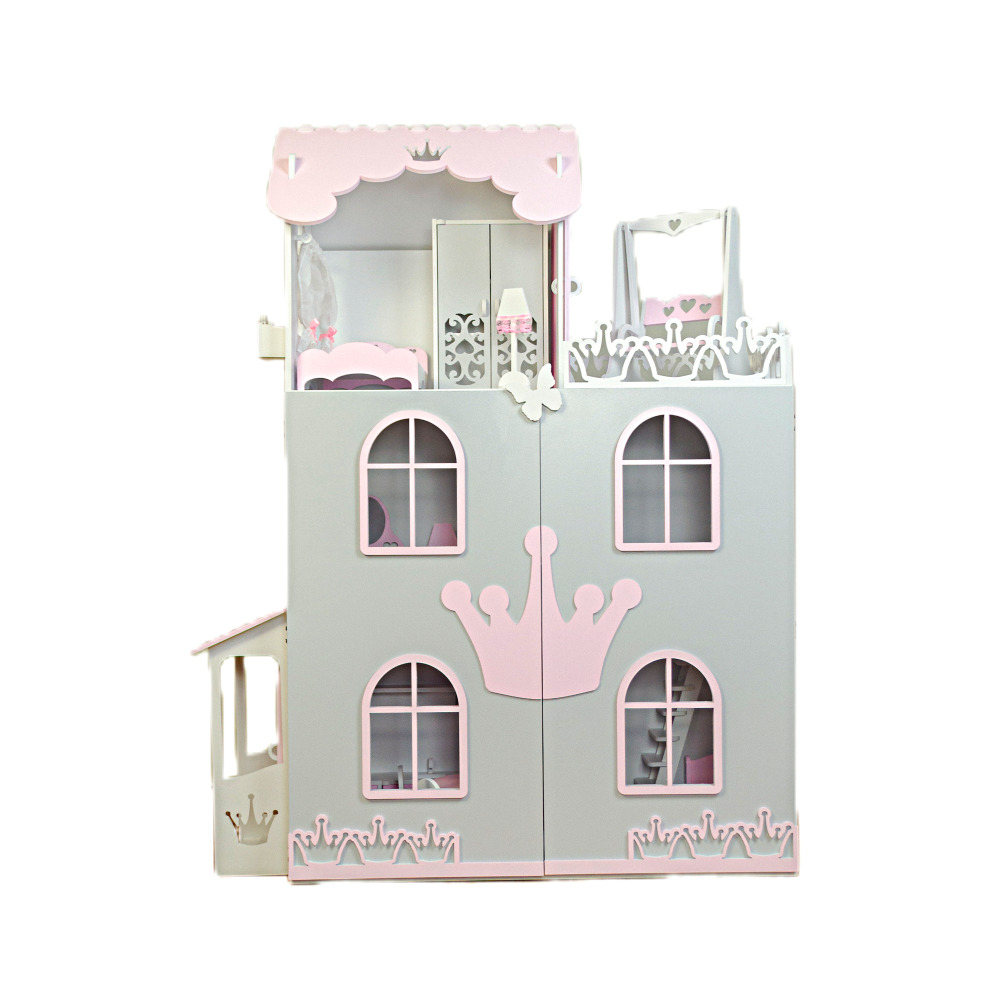Кукольный дом Carolon, 2-этажный с мансардой, с мебелью, бело-розовый